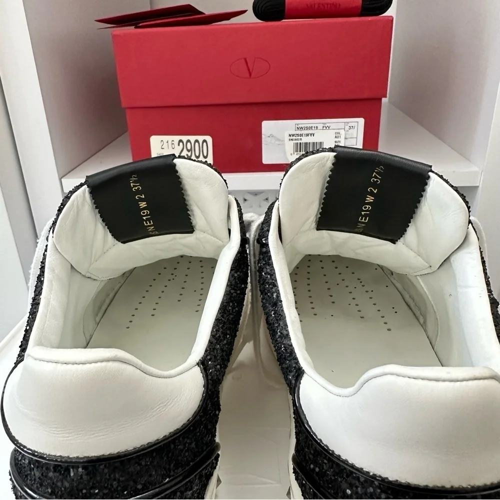 EUC Valentino Garavani Glitter Rockstud Lace Up Sneakers BLACK 37.5 FLY CREW - Picture 4 of 13